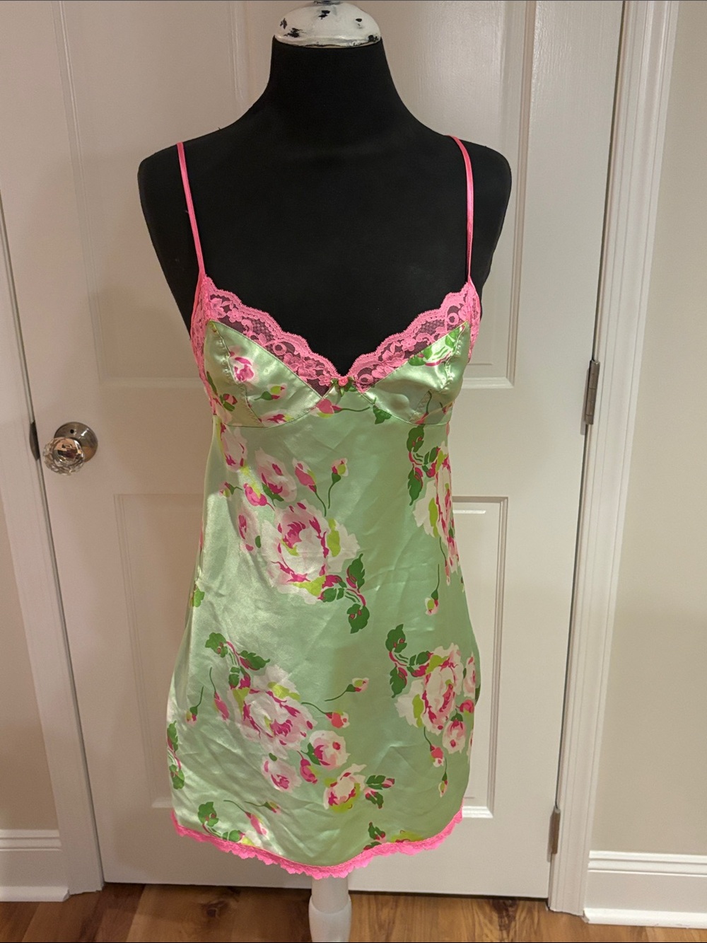 Betsey Johnson Green Floral Satin Chemise with Pink Lace Trim